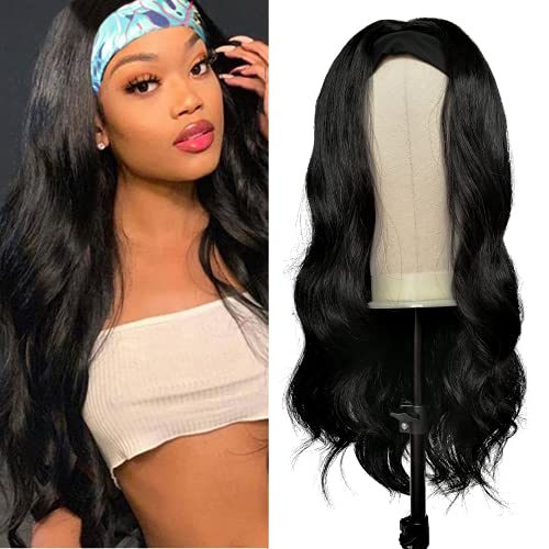 Long Wavy Curly Headband Wigs for Black Women with Wig Cap,Nature Looking Synthetic Wig Like Real Human Hair Free 2 Hair Bands Randomly 22 Inch MBVBN…