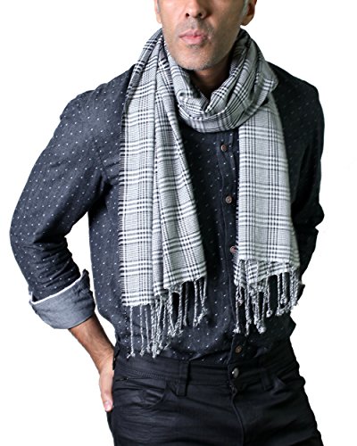Anika Dali Men's Black Grey Check Plaid Scarf With Tassels, Super Soft Trendy Classic #TOP26