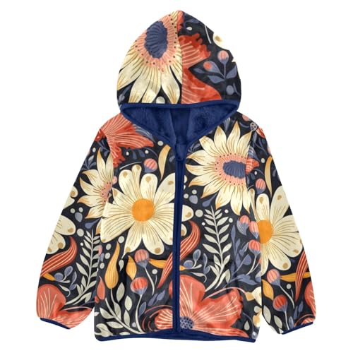 Boys Girls Fleece Jacket Big Flowers Plant Kids Warm Hooded Outwear Coat