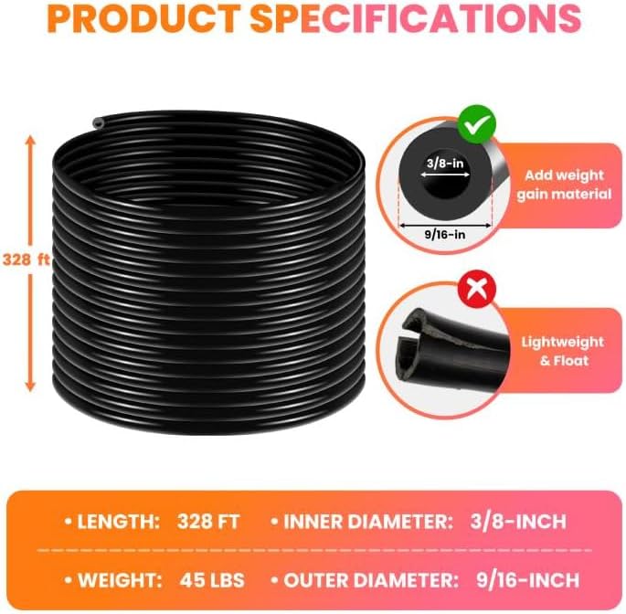328FT Weighted Pond Hose, 3/8 Inch Self-Sinking Aeration Tubing Black with Stainless Steel Clamps, Pond Aerator Hose for Large Pond, Lake, and Aquaculture Systems