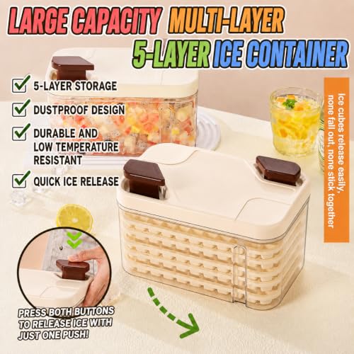 Image of HomeCloud Dual Press Ice Cube Tray with Storage Bin & Lid, 385 Ice Cubes (77 Grids x 5 Trays) BPA Free Easy Release Ice Mold with Scoop for Freezer, Home, Kitchen & Drinks (Cream)