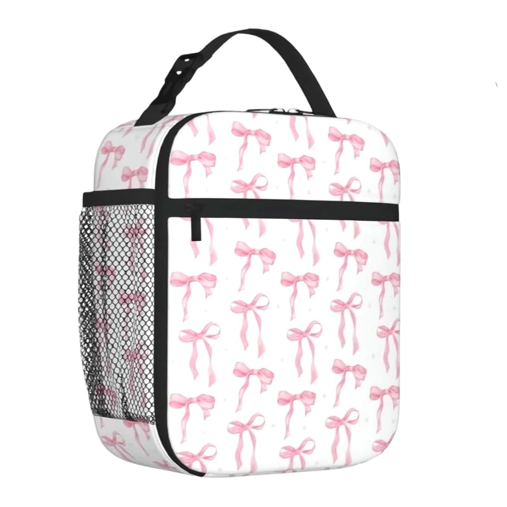 Jonuin Insulated Lunch Bag for Women & Girls, Cute Pink Bow Lunch Bag with Side Pocket & Handle, Reusable Leakproof Thermal Cooler Bags for Work, Office, School, Picnic, Travel and Beach (Pink Bow)