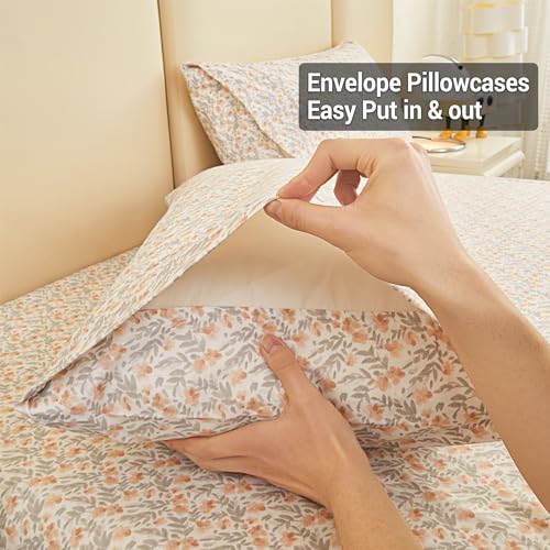 Image of Viviland Floral Twin XL Sheet Set - 3 Piece Vintage Light Orange Flower Patterned Bed Sheets - Soft, Breathable Microfiber Sheets with Deep Pocket, Non-Slip Fitted Sheets & Pillowcases