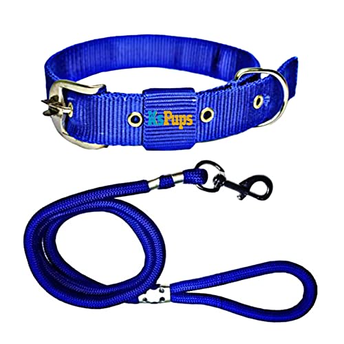 Image of Dog Buckle Leash, Dog Export Quality Nylon Easy to Control Buckle Everyday Neck Collar Belt and Hand Weaved Durable Training Rope Leash Set (Blue)