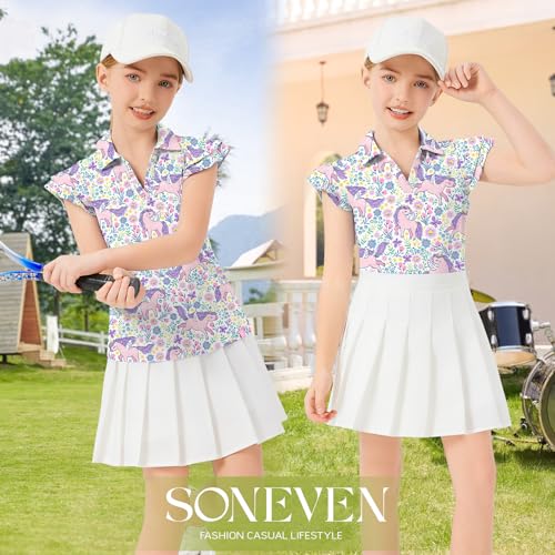 Image of Soneven Girls Ruffle Sleeve Polo Shirts V-Neck Golf Tennis T-Shirts Uniform Shirts Quick Dry for 4-14 Years