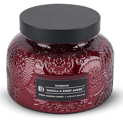 Vanilla & Berry Amber Embossed Candle (18 oz). with Toasted Vanilla, Spring Berries, and Sandalwood, This Dual-Wick Candle is Perfect for Relaxation and Gifting. Cover