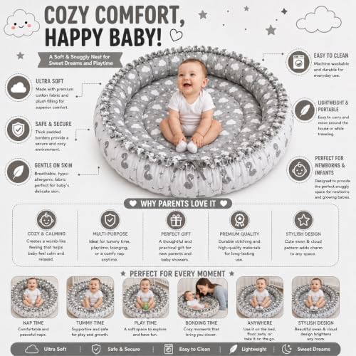 Image of Toddylon New Born Baby Reversible Bedding Set Cotton Mattress Nest (0-6 Months) Grey