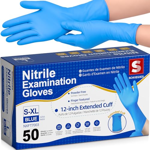 Schneider Nitrile Exam Gloves Extended 12 Inches Cuff Medium 4 mil 50-ct Box Gloves Disposable Latex Free Powder Free for Medical Food Prep Cleaning Cooking Blue