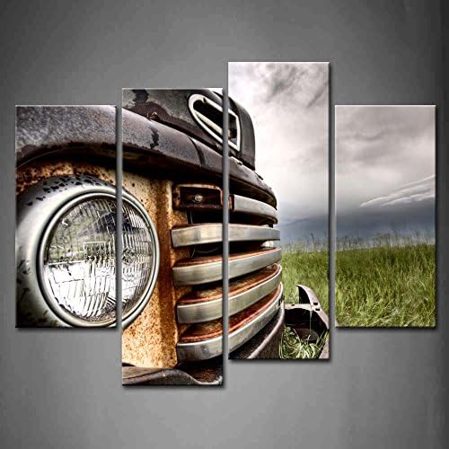4 Panel Wall Art Old Vintage Truck On The Prairie Painting Pictures Print On Canvas Car The Picture for Home Modern Decoration Piece (Stretched by Wooden Frame,Ready to Hang)