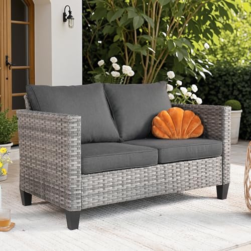 ovios Patio Loveseat, 2-Seater Outdoor Wicker Sofa Couch with Comfy Cushions, All Weather High Back Deep Seating Rattan Love Seat for Porch Deck Balcony, Black