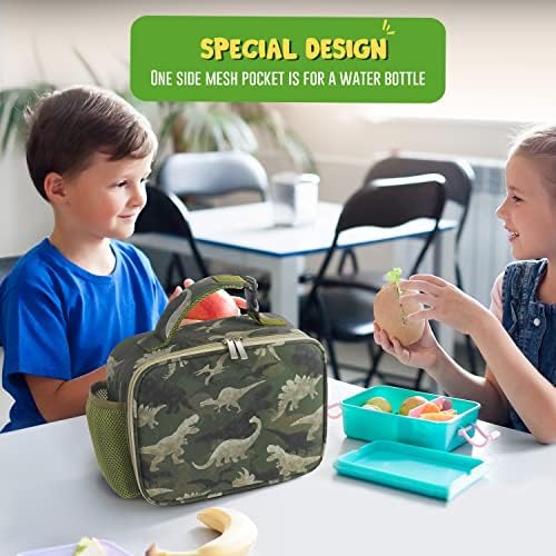 WAWSAM Camo Dinosaur Lunch Bag - Insulated Lunchbox for Boys Kids School Camouflage Dinosaur Lunch Tote with Handle and Pocket for Food Bento Box Snake Daycare Preschool Travel Picnic