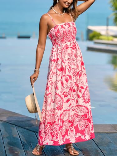 Image of CUPSHE Women's Floral Maxi Dress Spaghetti Strap Summer Boho Beach Dress Smocked Sundress Casual Vacation Flowy Long Dress