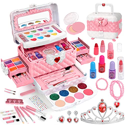 Kids Makeup Kit for Girl Toys, 60PCS Teensymic Toys for Girls Real Washable Makeup Girls Princess Gift Play Make Up Toys Makeup Vanities for Girls Age 4 5 6 7 8 9 Birthday
