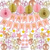 65Pcs Birthday Decorations Happy Birthday Banner Pink Rose Gold Balloons Honeycomb Ball Paper Fans Dots Garland Hanging Swirls Birthday Party Decor for Girls Women Princess