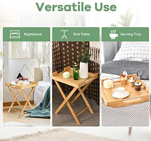 COSTWAY Folding Tray Table, FSC Certified Side End Tables with Removable Serving Tray, Breakfast Dinner Butler Table for Living Room Bedroom Garden (Natural, 38x47x59cm, Bamboo)
