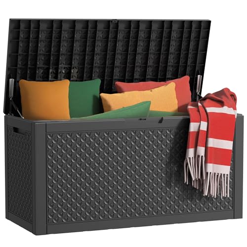 Image of 101 Gallon Waterproof Outdoor Storage Box, UV Resistant Resin Deck Box with Hydraulic Rod for Reinforced Stability, Perfect for Patio, Garden, and Pool（Black，101 Gallon）