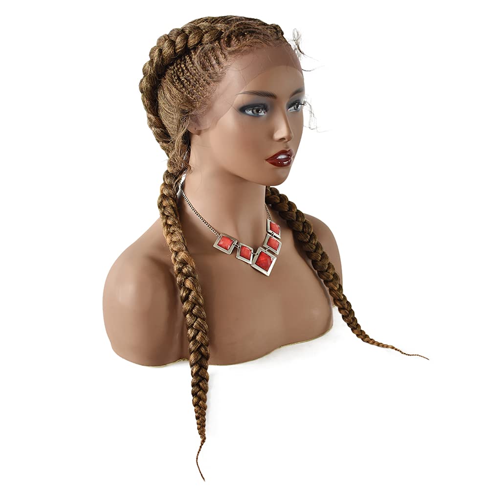 Box Braided Wigs For Black Women Swiss Lace Front With Baby Hair Natural Hairline Hand Tied Dutch Twins Cornrow With Ponytails Lightweight wigs for African American Synthetic Hair Heat Friendly. (Size: 24 inches, #1B/27T Black Mix Blonde)