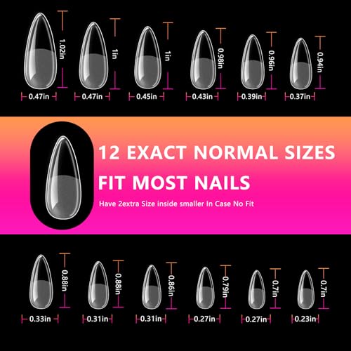 Almond Fake Nail Tips - 216Pcs Pre-Shaped Almond Gelly Tips for Full Cover Acrylic Nail Extensions, French Style, 12 Sizes - Perfect for DIY Salon or Professional Use