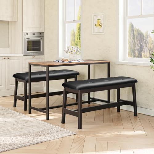 HOOBRO Dining Bench Bundle, Pair of 2 Benches, Industrial Style Indoor Benches,Bamboo Dining Room Bench with PU Leather Upholstered Seat, for Kitchen, Dining Room, Living Room BF01CD01-CB13CD01