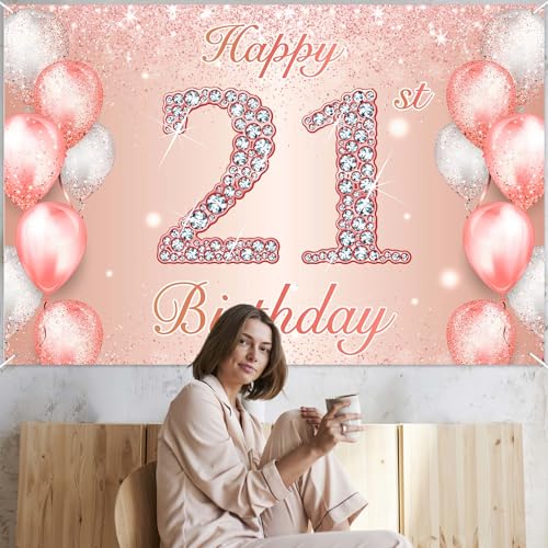 Image of Happy 21st Birthday Rose Gold Banner Cheers to 21 Years Old Backdrop Confetti Balloons Theme Decor for Women 21 Years Old Pink Birthday Party Decorations Bday Supplies Background Favors Gift Glitter