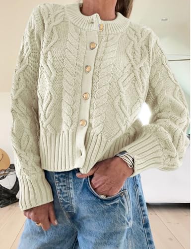 Watashi Women Sweater Casual Button Down Cable Knit Long Sleeve Cardigan Crewneck Lightweight Knitted Tops2