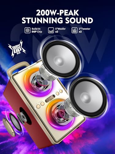 Image of YIER Bluetooth Speaker, 240W Peak Loud Party Speaker with Big Bass, 20H Playtime, TWS, BT5.3, Large Portable Wireless Boom Box with LED Light for Outdoor Backyard Beach Home (Leather Red)