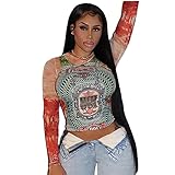 Women's Sexy Mesh See Through T Shirt Fashion Money Print Long Sleeve Crop Top Slim Tee Tops Red