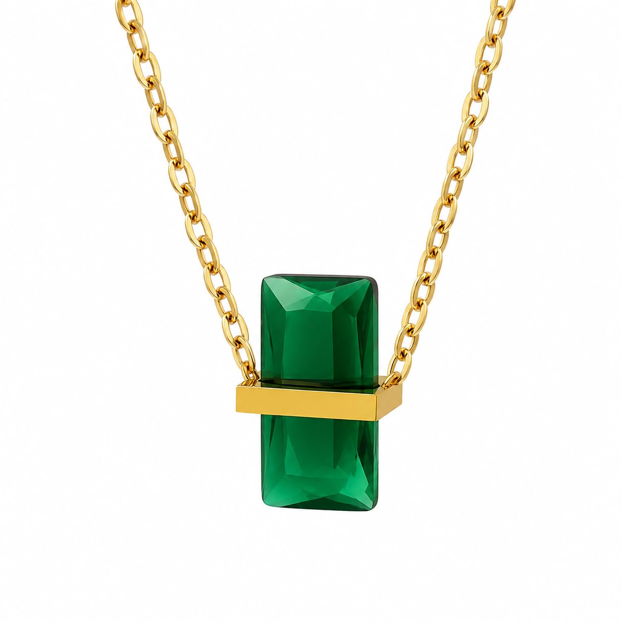 vien 18K Gold Plated Emerald Green Crystal Pendant Necklace for Women, Geometric Rectangle Cut Simulated Emerald Layering Necklace, Modern Minimalist Link Chain Jewelry Gift for Her-picture-4