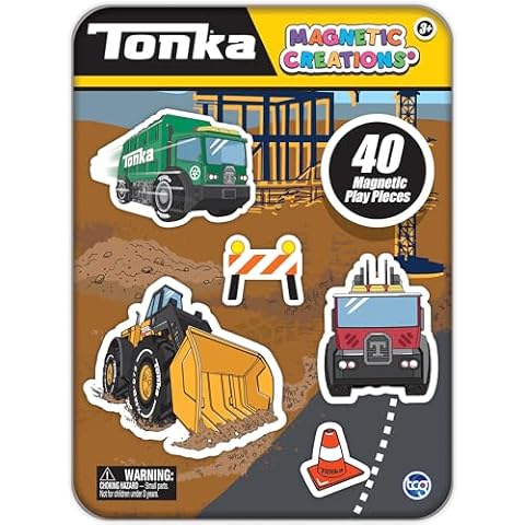 TCG Toys Tonka Magnetic Creations Tin with 40 Magnetic Play Pieces in Tin That Doubles As Storage Space, Multicolor Cover