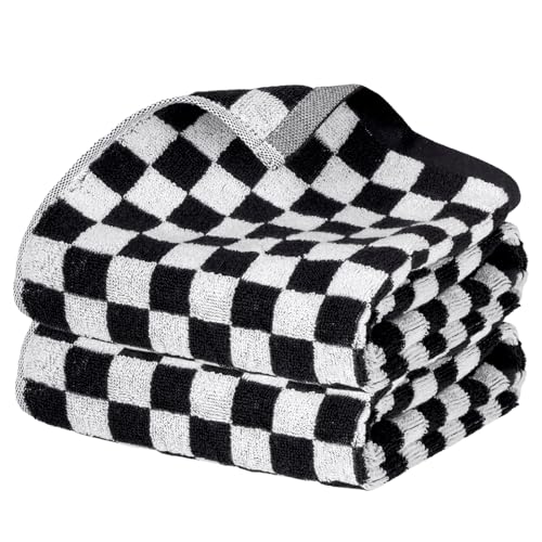 Sucrain 2 Pcs Checkered Hand Towels Black and White Bath Towels Cotton Soft Absorbent Towel for Bathroom Kitchen Decorative 13.8 x 29.5