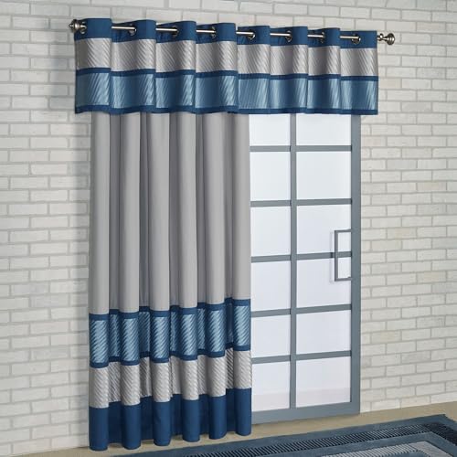 Beta Contemporary Luxury Window Treatment | Sophisticated | Blue Shadow, Stone, Dark Blue | Pleated | Silky Polyester Satin | 2 Piece Window Set: 84L Grommet Patio Panel and 112W Grommet Valance