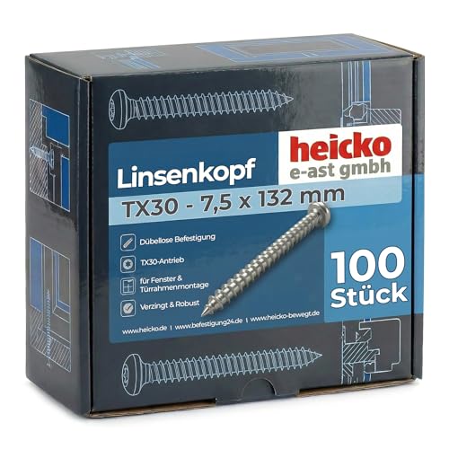 heicko Fensterrahmenschraube 7,5x132mm Linsenkopf TX30 verzinkt blau | Betonschrauben Montageschraube ohne Dübel | 200 Stück