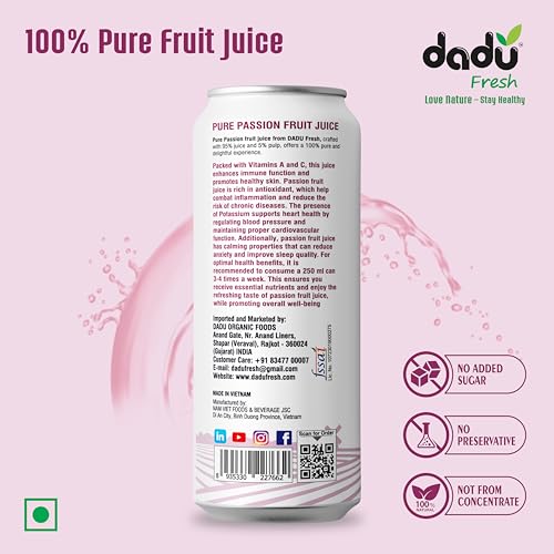 Image of Dadu Fresh Passion Fruit Juice | Pure Natural Juice | Not from Concentrate | No Added Sugar | No Preservatives or Artificial Flavors | Naturally Refreshing | 250ml (Pack of 4)