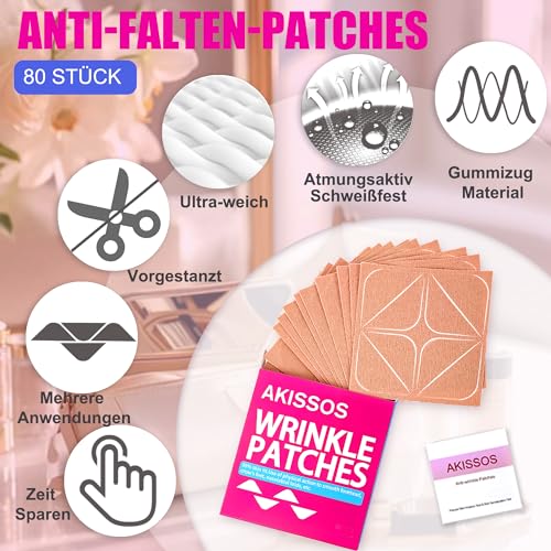 Akissos Falten Pflaster Gesicht - 80 Stück Zornesfalte Pflaster Anti Falten Pflasters Anti Wrinkle Patches für Stirn 11's Augen Lächelnde Linie - Face Lifting Tape Verwendung über Nacht