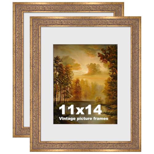 Image of 11x14 Vintage Picture Frames, Antique Picture Frame with White Mat for 8x10 Picture, Ornate Picture Frame for Wall Decor,2 Pack Gold Frame, Distressed Gold