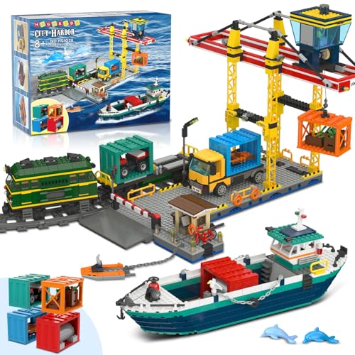 HOGOKIDS City Hafen mit Containerkran Bauspielzeug – Schiff,...