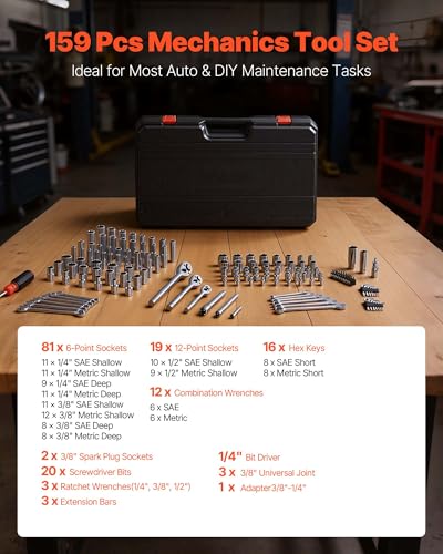 Image of VEVOR Mechanics Tool Set, 159-Piece Mechanic Tool Kit, 1 /4 in, 3 /8 in, and 1 /2 in Drive, SAE and Metric Socket Set, Wrenches, Screwdriver Bits, Accessories, and Storage Case, for Automotive Repair
