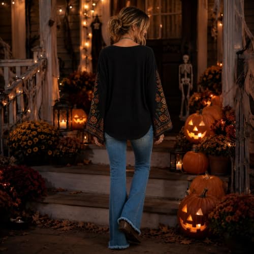 Womens Halloween Shirts Vintage Skeleton Crew Neck Bell Sleeve Shirt - image 5