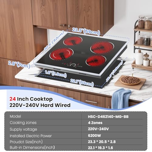 Image of Hobsir 24 inch Electric Cooktop 6200W, 4 Burner Electric Stove Top, Built-in Circular Slide Ceramic Stove with Glass Metal Frame, Timer, Safety Lock, 220V-240V Burner Hard Wire (No Plug)