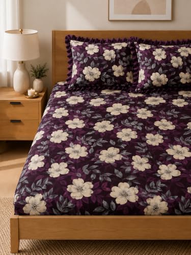 Image of King Size Fitted Bedsheet for Double Bed | 300 TC Cotton Feel Microfiber | All Around Elastic with 2 Frill Pillow Covers | Soft & Durable | (Design6, Fitted - 72 x 78 Inch King)