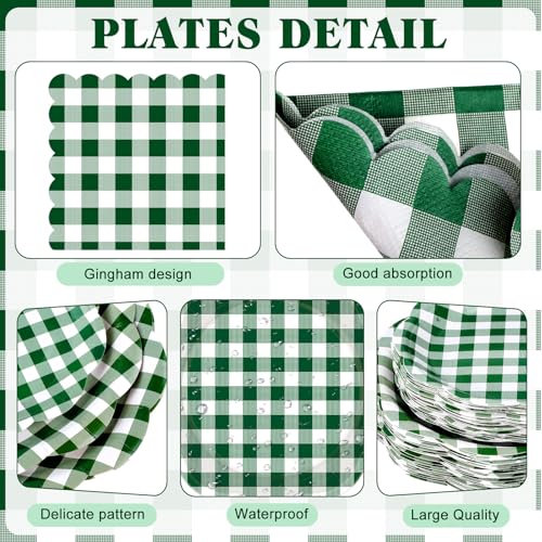 Image of Funnymoom 452 Pcs Green Gingham Party Supplies for 50, Dark Green Plaid Checkered Paper Plates Napkins Cups Tablecloth Cutlery Straws for Holiday Birthday Baby Shower Party Decoration