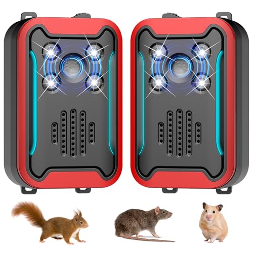 Ultrasonic Rodent Repeller for Car Engine, Battery & Plug-in Mouse Repellent with LED Strobe Light, Under Hood Rat Mice Squirrel Bug Spider Deterrent for Vehicle Garage Attic Indoor Outdoor, 2 Pack