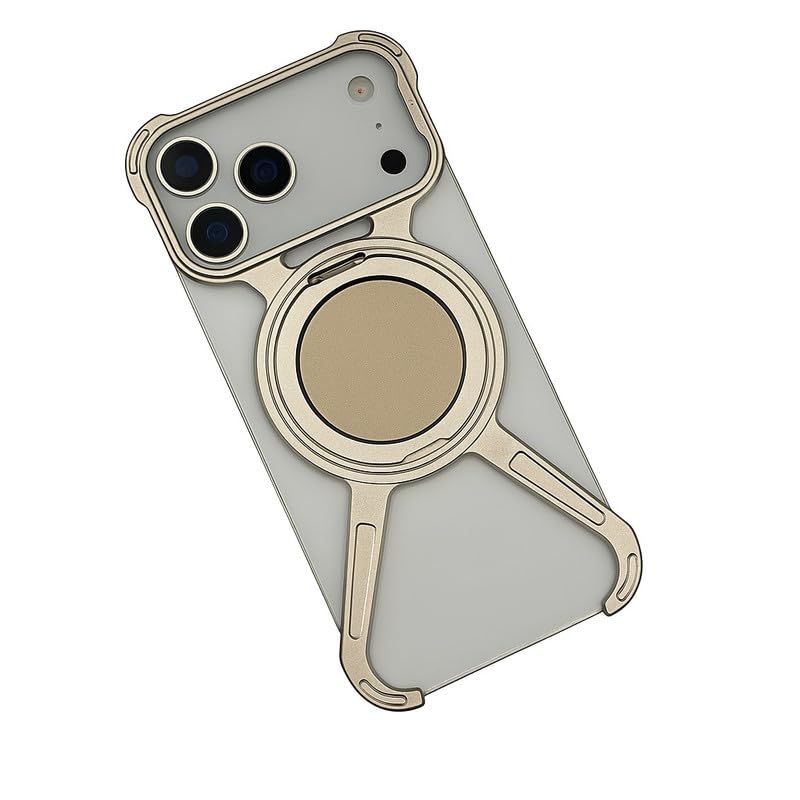Image of X Shaped Frameless Metal Bumper Compatible with iPhone 17 Pro Max with 360 Rotate Ring Kickstand | Luxury Aluminum Armor Case | Super Slim Metal - Silver