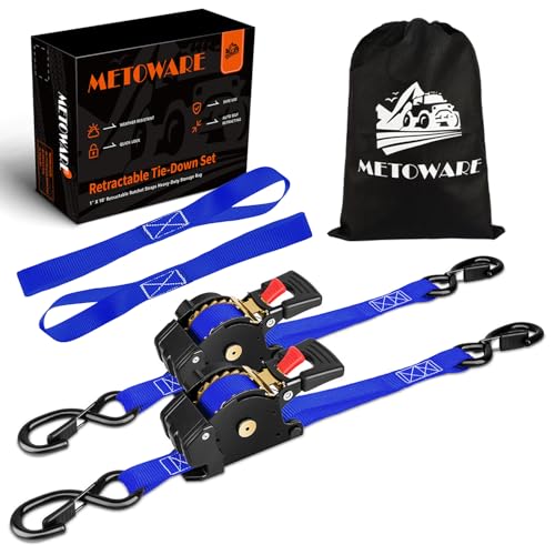 Image of METOWARE Retractable Ratchet Straps (2-Pack) - 1 in x 10 Ft (1500lb Break Strength) - Heavy Duty Auto Self Retracting Tie Down Straps for Truck, Trailer, Cargo Van, Motorcycle - Blue