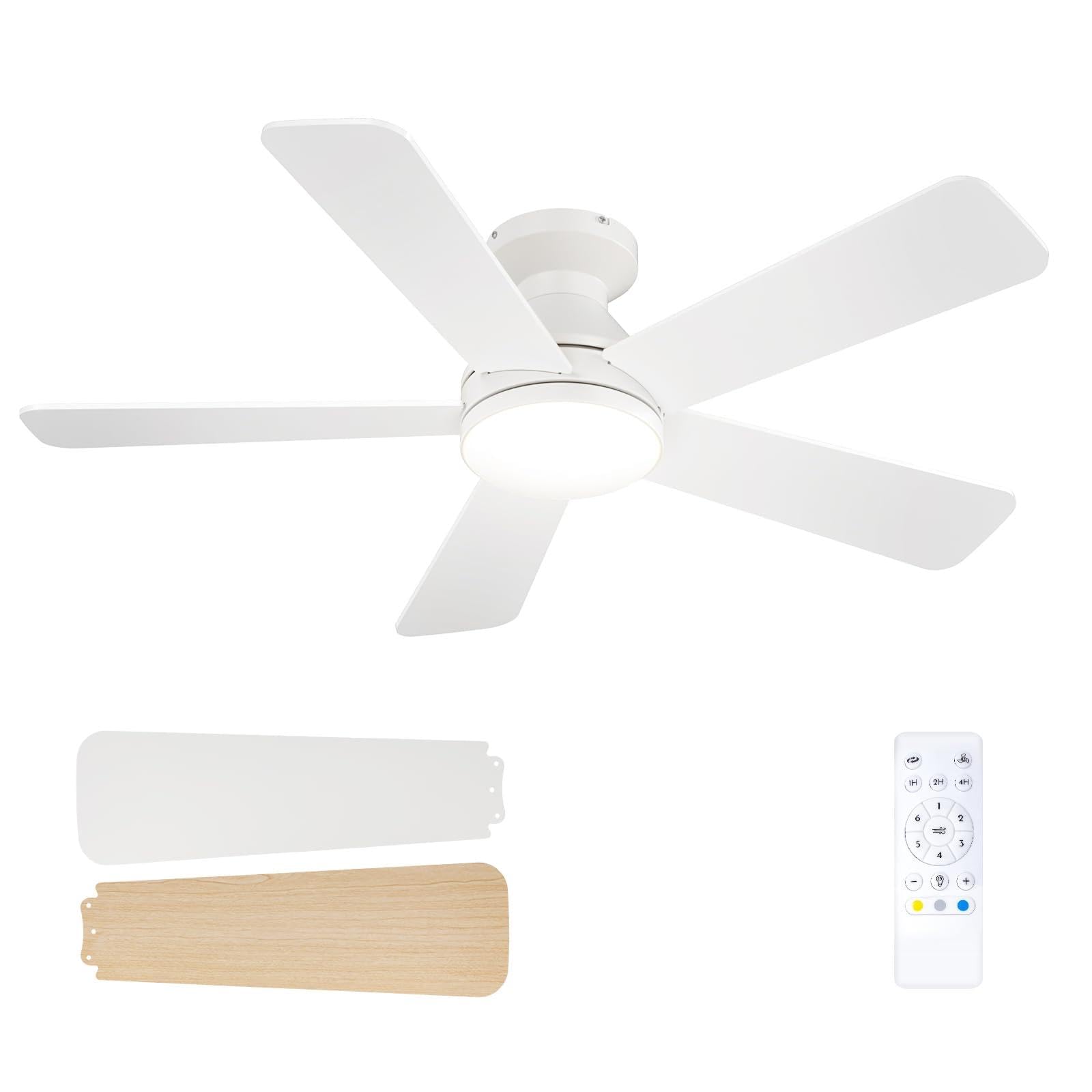 Passky Ventilatore da soffitto da 107 cm con illuminazione e telecomando, motore DC silenzioso, 6 velocità, lampada LED dimmerabile, 3 temperature di colore, bianco