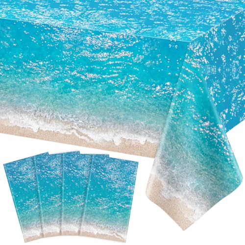 LWYGEGJO 4Pcs Ocean Waves Tablecloth Ocean Table Cover Water Print Table Cover 51x86 Inch Rectangle Sea Tablecloth Blue for Beach Pool Birthday Party Decoration Shower Supplies (4)