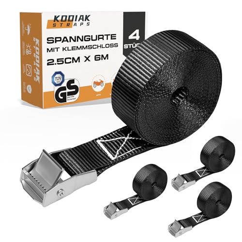 4 Stück Spanngurte 6mx 250kg mit Klemmschloss - 25mm Zurrgurte für Fahrrad - Gepäck & Transport - TÜV/GS geprüft nach DIN EN 12195-2 - KODIAK STRAPS
