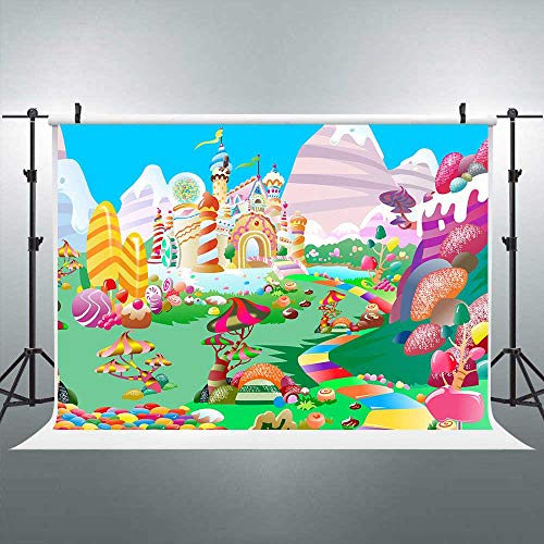 FLASIY Cartoon Candy Castle Backdrop 7x5ft Fairy Tale Candyland Photography Background for Children Baby Shower Birthday Party Cake Table Banner LHAY1000