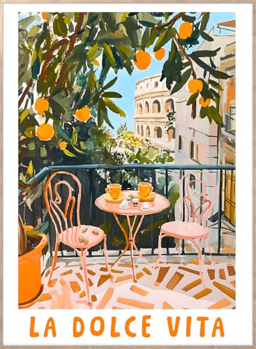 STYLER tableau avec cadre bois La Dolce Vita 50 x 70 cm – décoration murale balcon italien oranges et Colisée – toile moderne méditerranéenne rose et...