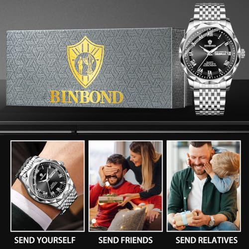 Image of BINBOND Men's Watch Luxury Business Dress Analog Quartz Stainless Steel Casual Date Wrist Watches for Men Easy Read Roman Numeral Large Dial Waterproof Luminous